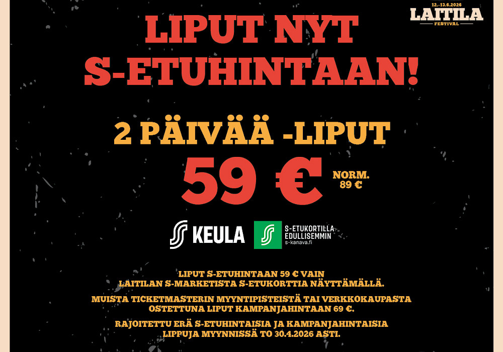 Kaikkien pääsylippuluokkien myynti on aloitettu - kahden päivän liput nyt S-etuhintaan!